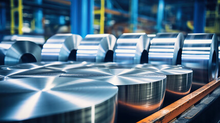 Rolls of aluminum metal fittings and blanks. Heavy industry production. Metallurgical plant. Selective focus