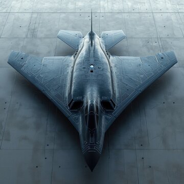 Stealth bomber jet top down front view. Generative AI.