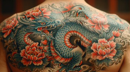 Asian tattoo art, closeup of colorful dragon patterns on the body. - obrazy, fototapety, plakaty