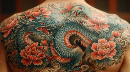 Fotobehang Asian tattoo art, closeup of colorful dragon patterns on the body. © AS Photo Family