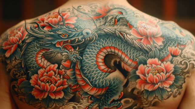 Japanese Woman With Green Dragon Tattoo on Her Back. Yakuza Style -   Canada