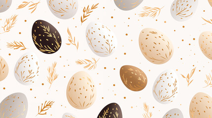 Golden easter eggs and specks, flecks, spots seamless vector pattern. Free hand drawn gold Easter background. - obrazy, fototapety, plakaty