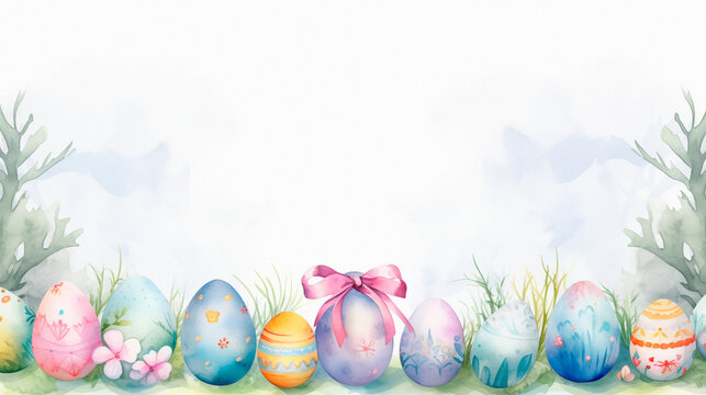Frame of cute colorful Easter eggs, flowers and leaves. Background with Easter Eggs with Pastel Colors. Isolated watercolor illustration. Template for Easter cards, covers, posters and invitations.