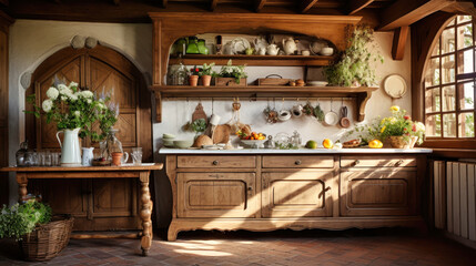Fototapeta na wymiar Kitchen With Wooden Cabinet Filled With Potted Plants. Interior of a modern kitchen made of solid wood.