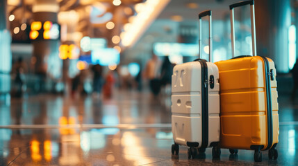 Two upright suitcases,positioned in the foreground at an airport terminal, with blurred background...