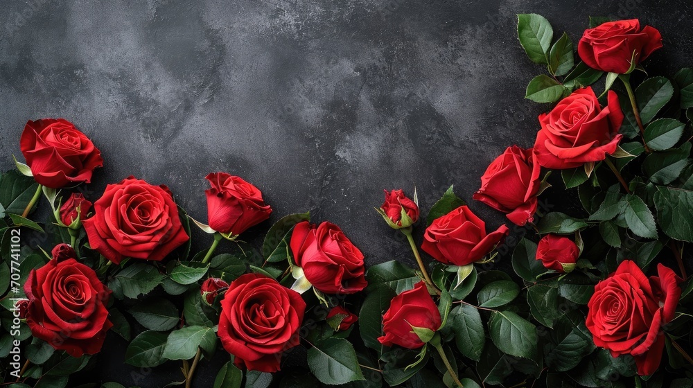 Poster Valentines day border with red roses on black background with copy space, View from above. Generative AI.