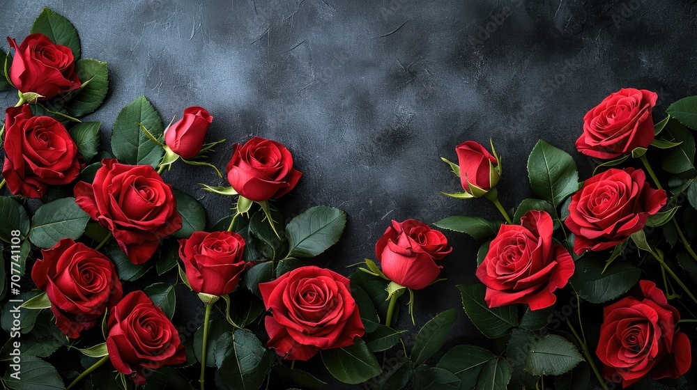 Poster Valentines day border with red roses on black background with copy space, View from above. Generative AI.