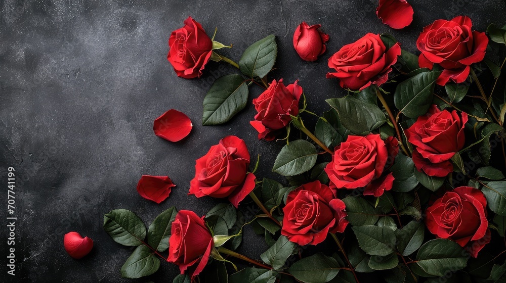 Poster Valentines day border with red roses on black background with copy space, View from above. Generative AI.