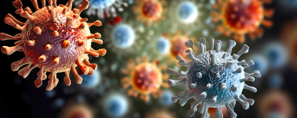 Fototapeta premium Development and creation of a vaccine to combat the virus. Viruses under a microscope. Reproduction of influenza, AIDS, cancer and hepatitis viruses. Infection.