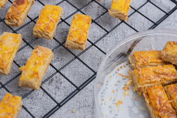 Kastengel or cheesecake is a Dutch-influenced Indonesian cheesecake. Snacks for breaking the fast of Ramadan, Eid al-Fitr Mubarak, Islamic holidays. Indonesian people's favorite dry cake