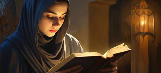 A woman studies the Koran. A girl in a mosque reads a holy book. Belief in Allah.