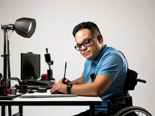 Portrait of a disabled person on a white background.  Disability and employment: A positive image of people with disabilities working in the office 