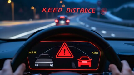 Smart Car Safety Alert on Dashboard.
A close-up of a car's dashboard display alerting the driver to maintain a safe distance. - obrazy, fototapety, plakaty