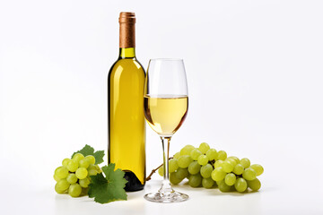 White wine bottle with wine glass, green grapes and leaves