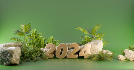 3d text 2024 with plant and rock on green background