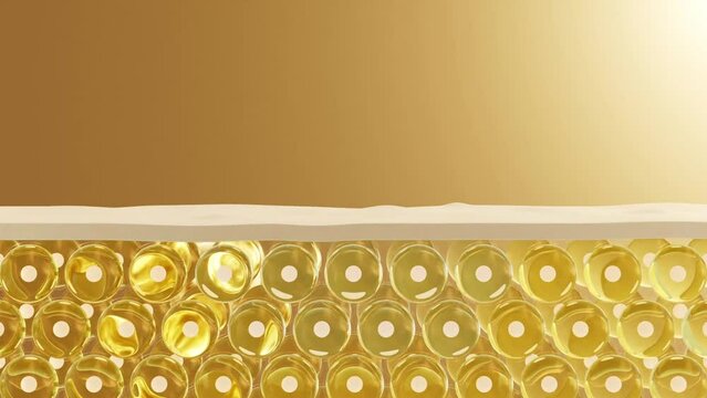 Serum bubbles drip onto wrinkled skin, improving moisture and smoothing the skin. 3D rendering. Gold essence improves skin. Copy space for ads with skincare concept.