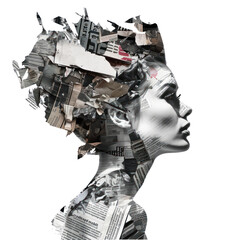 a woman made of newspaper, texture collage, isolated on white background or transparent background.
