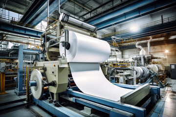 Factory for the production of paper and cardboard. Production equipment for paper production. Big machine. The machine makes paper. - obrazy, fototapety, plakaty