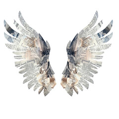 Angel wing made of newspaper, texture collage, isolated on white background or transparent background.