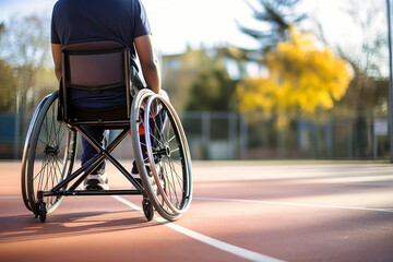 A disabled man in a wheelchair on a sports ground. Sports for people with disabilities. Basketball.