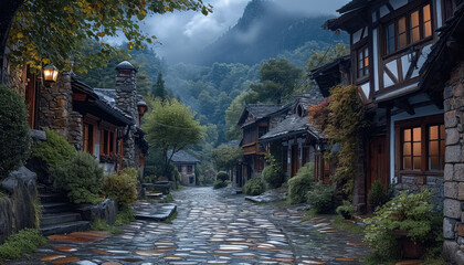 The winding wet cobbled street meanders through a charming village nestled in the heart of the mountains. Generative AI.