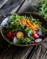 Bowl of salad with vegetables on the table in restaurant. Food concept photo
