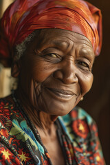 Close-Up Portrait of a Smiling Elderly African American Granny: A Wise and Kind Gaze Radiating Warmth, Accentuated by Vibrant Attire, Capturing the Beauty of Experience and Joy