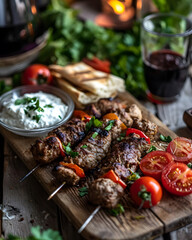 Shish kebab, skewers with beef, lamb and vegetables served on the wooded plate. Fast food concept ad photo.