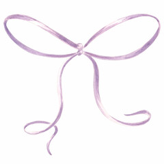 Watercolor violet gift ribbon bow isolated. Template of silk streamer for festive decoration. Hand drawn clipart for card, wrapper, textile, birthday and holiday backdrop, print sticker and packaging