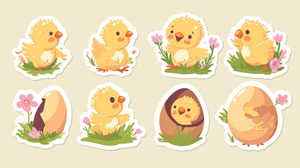 Chick Charm: A vector sticker set showcasing sweet little chicks hatching from eggs, conveying the essence of new beginnings and the Easter season, easter, sticker, vector