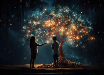hands holding puzzle pieces on a tree in the dark, in the style of dreamlike visionary, human-canvas integration, silhouette figures