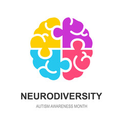 Neurodiversity. Autism Awareness Month. A brain made up of colorful puzzle pieces.