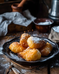 Fried dumplings sprinkled with powdered sugar on the black plate