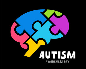 The human brain - in the form of six colored puzzle pieces. Autism Awareness Day. Vector illustration