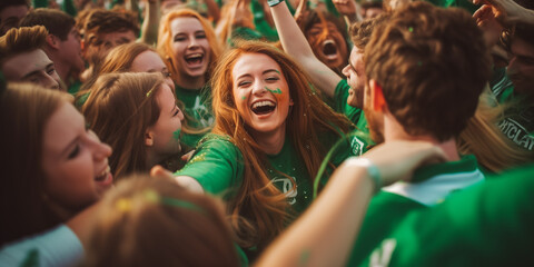 Photo of happy youth having fun in a friendly crowd, dressed in green clothes - obrazy, fototapety, plakaty