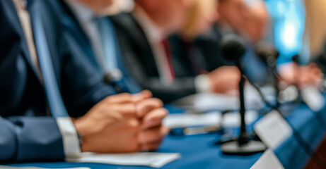 Close-Up: Caucasian Male Representative Speaking at Economic Conference. Businessman Gives an Interview. The Head of the Company and His Representatives at the Hearing. - obrazy, fototapety, plakaty