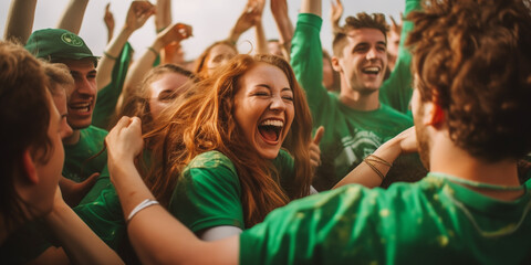 Photo of happy youth having fun in a friendly crowd, dressed in green clothes