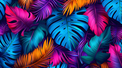 Fototapeta na wymiar Tropical background with monstera leaves and palm leaves in vivid colorful neon colors, flat lay of seamless pattern. Top view, colourful background.