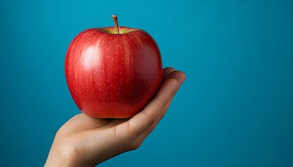apple in hand. red apple in hand isolated on blue background. hand holding an apple. ripe red apple in hands for teacher's day. hand and apple isolated