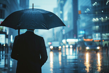 Businessman with umbrella standing in rain in urban city landscape. Generative AI
