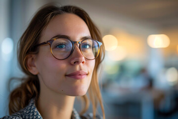 Portrait of beautiful woman. Business woman wearing stylish eyeglasses smiling looking at you.