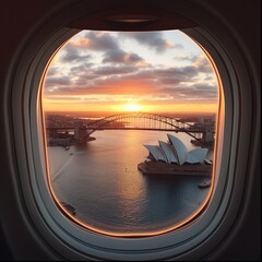 Sydney city view at beautiful sunset, Plane window, Opera house. Generative AI.