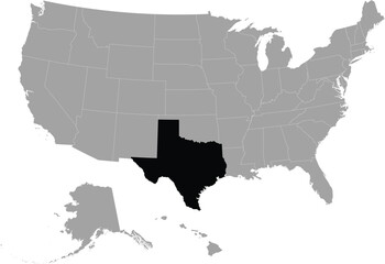 Black Map of US federal state of Texas within gray map of United States of America