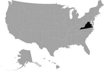 Black Map of US federal state of Virginia within gray map of United States of America