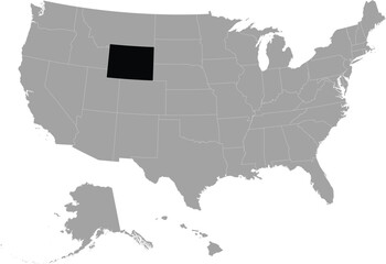 Black Map of US federal state of Wyoming within gray map of United States of America