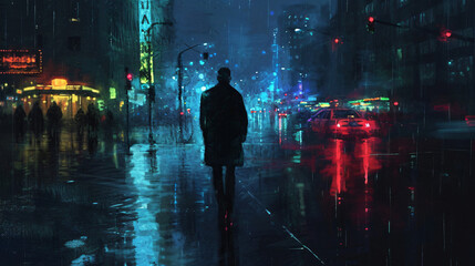 Man walking at night on the wet street illustration