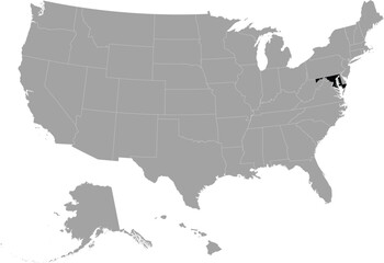 Black Map of US federal state of Maryland within gray map of United States of America