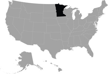 Black Map of US federal state of Minnesota within gray map of United States of America