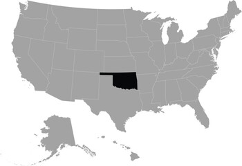 Black Map of US federal state of Oklahoma within gray map of United States of America