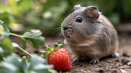 A guinea pig with a small strawberry slice. Generative AI.
